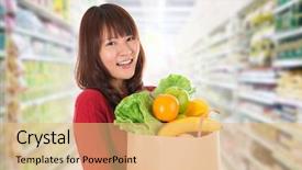  Presentation with grocery store - Amazing presentation theme having consumer goods - beautiful young asian woman shopping backdrop and a coral colored foreground