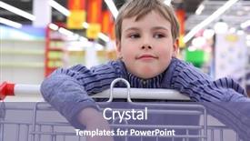  Presentation with go cart - PPT theme with consumer goods - boy in shop with cart background and a ocean colored foreground