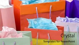  Presentation with paper bag vs plastic bags - Presentation enhanced with consumer goods - colorful shopping bags full background and a  colored foreground