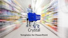  Presentation with groceries cart - Presentation theme featuring consumer goods - confident woman with her shopping background and a soft green colored foreground