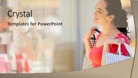  Presentation with shopping - Amazing PPT theme having consumer goods - happy young woman window shopping backdrop and a lemonade colored foreground