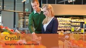  Presentation with man joined woman - Audience pleasing PPT theme consisting of consumer goods - man and woman looking backdrop and a red colored foreground