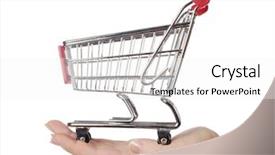  Presentation with shopping - Colorful presentation theme enhanced with consumer goods - shopping cart in female hands backdrop and a white colored foreground