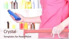  Presentation with supermarket trolley - Audience pleasing PPT theme consisting of consumer goods - woman with trolley in supermarket backdrop and a lemonade colored foreground