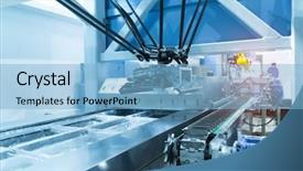  Presentation with factory machine - Cool new slide deck with consumer goods industry - food factory automated robotic machine backdrop and a light blue colored foreground