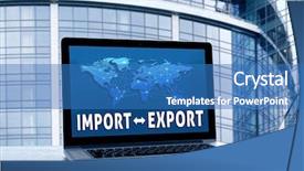  Presentation with export - PPT layouts having consumer goods industry - laptop on table against building background and a teal colored foreground