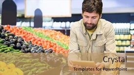  Presentation with using digital tablet - Theme with consumer goods industry - man using digital tablet while background and a coral colored foreground