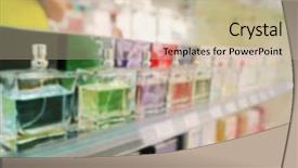  Presentation with oil and perfumes - Slide set consisting of consumer goods industry - perfumes on shelves in supermarket background and a  colored foreground