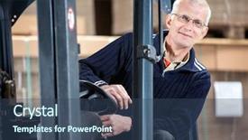  Presentation with forklift - PPT theme featuring consumer goods industry - portrait of confident male worker background and a  colored foreground