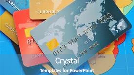  Presentation with journey - Slide set having consumer journey - credit cards on world map background and a  colored foreground