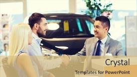 Presentation with loan car - Beautiful presentation theme featuring consumer loan - happy couple with car dealer backdrop and a yellow colored foreground