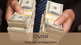  Presentation with economy - PPT theme with consumer spending money economy - businessman handing over stacks background and a coral colored foreground