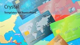  Presentation with cards connecting world - Beautiful slides featuring consumer spending money economy - credit cards on world map backdrop and a  colored foreground