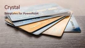  Presentation with different - Amazing presentation theme having consumer spending money economy - different credit cards on table backdrop and a  colored foreground