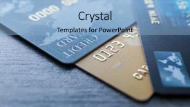  Presentation with economy - Colorful presentation theme enhanced with consumer spending money economy - different credit cards on table backdrop and a light blue colored foreground