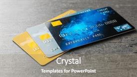 Presentation with economy - Colorful presentation enhanced with consumer spending money economy - different credit cards on table backdrop and a  colored foreground