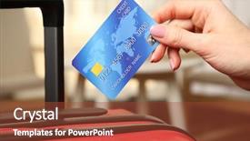  Presentation with credit card - PPT theme with consumer spending money economy - female hand holding credit card background and a tawny brown colored foreground