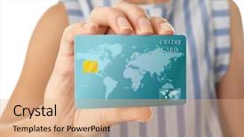  Presentation with credit card - Presentation design having consumer spending money economy - woman holding credit card closeup background and a coral colored foreground