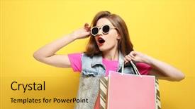  Presentation with paper - Amazing PPT theme having consumer trends - beautiful young woman with paper backdrop and a gold colored foreground