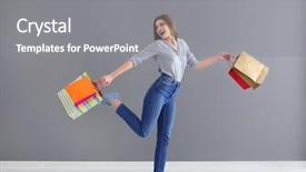  Presentation with woman pushing shopping trolley - Audience pleasing PPT theme consisting of consumer trends - beautiful young woman with shopping backdrop and a gray colored foreground