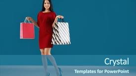  Presentation with woman pushing shopping trolley - PPT theme enhanced with consumer trends - happy young woman with shopping background and a  colored foreground