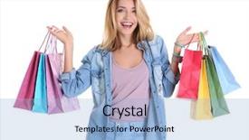  Presentation with woman pushing shopping trolley - Audience pleasing theme consisting of consumer trends - happy young woman with shopping backdrop and a light blue colored foreground
