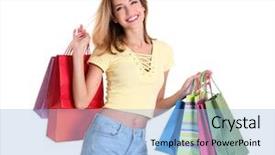  Presentation with paper bag vs plastic bags - Slides having consumer trends - happy young woman with shopping background and a light blue colored foreground
