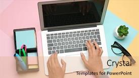  Presentation with laptop computers around the world backgroun - Cool new PPT theme with consumer trends - woman using laptop on color backdrop and a  colored foreground