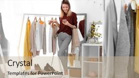  Presentation with phone - PPT theme consisting of consumer trends - young beautiful woman with mobile background and a  colored foreground