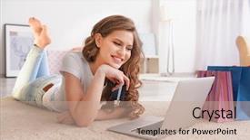  Presentation with online shopping - Audience pleasing PPT theme consisting of consumer trends - young woman shopping online backdrop and a coral colored foreground