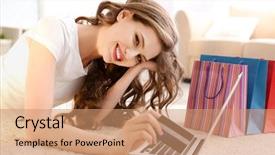  Presentation with earn money for shopping online - Colorful presentation design enhanced with consumer trends - young woman shopping online backdrop and a coral colored foreground