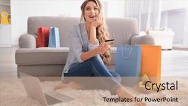  Presentation with earn money for shopping online - Audience pleasing theme consisting of consumer trends - young woman shopping online backdrop and a coral colored foreground