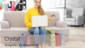  Presentation with online shopping and delivery - Theme enhanced with consumer trends - young woman shopping online background and a soft green colored foreground