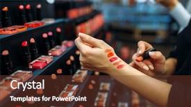  Presentation with lipstick - Amazing PPT theme having consumerism - female customer testing lipstick backdrop and a tawny brown colored foreground