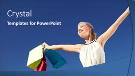  Presentation with consumerism - Presentation theme with consumerism sale and people concept - smiling woman with shopping bag rising hands background and a ocean colored foreground