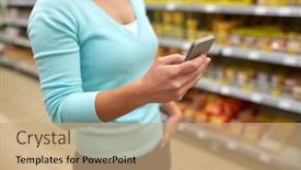  Presentation with consumerism - Slide deck consisting of consumerism shopping technology and people concept - close up of woman with smartphone at shop or supermarket background and a coral colored foreground