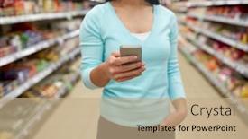  Presentation with consumerism - PPT layouts consisting of consumerism shopping technology and people concept - close up of woman with smartphone at shop or supermarket background and a coral colored foreground