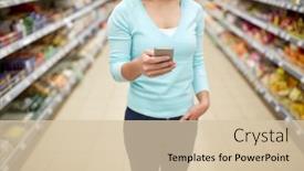  Presentation with consumerism - Slide deck having consumerism shopping technology and people concept - close up of woman with smartphone at shop or supermarket background and a lemonade colored foreground