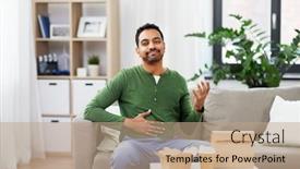  Presentation with indian food - Amazing presentation design having consumption and people concept - full and pleased indian man eating takeaway food at home backdrop and a coral colored foreground