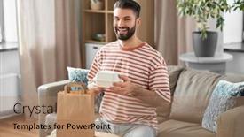  Presentation with paper bag - Presentation theme featuring consumption-eating-and-people-concept background and a coral colored foreground