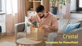  Presentation with paper bag - Presentation theme with consumption-eating-and-people-concept background and a violet colored foreground