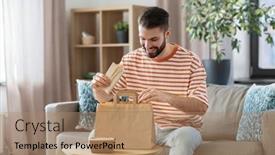  Presentation with paper bag - PPT layouts consisting of consumption-eating-and-people-concept background and a coral colored foreground