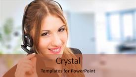  Presentation with portrait of excited overjoyed female - Slides with contact centre - young female customer representative portrait background and a  colored foreground