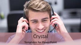  Presentation with job - Amazing slide deck having businesspeople talkin telephone - young smiling male call centre backdrop and a ocean colored foreground