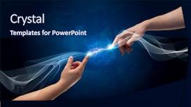  Presentation with electric current - Colorful PPT theme enhanced with contact god - two male arms reaching backdrop and a  colored foreground