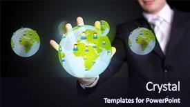  Presentation with social - PPT theme with contact person - businessman hand pressing social network background and a wine colored foreground