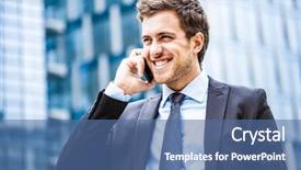  Presentation with phone - Audience pleasing PPT theme consisting of contact person - portrait of a young businessman backdrop and a ocean colored foreground
