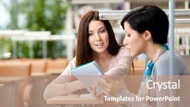  Presentation with reading table - Cool new PPT theme with contact person - two girls communicate sitting backdrop and a coral colored foreground