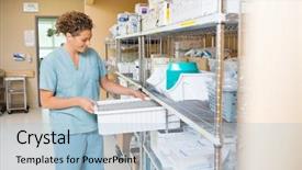  Presentation with nurse - Presentation featuring container on shelf in hospital background and a light blue colored foreground