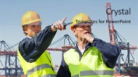  Presentation with discussion - PPT layouts featuring container port - two dockers in discussion background and a light blue colored foreground